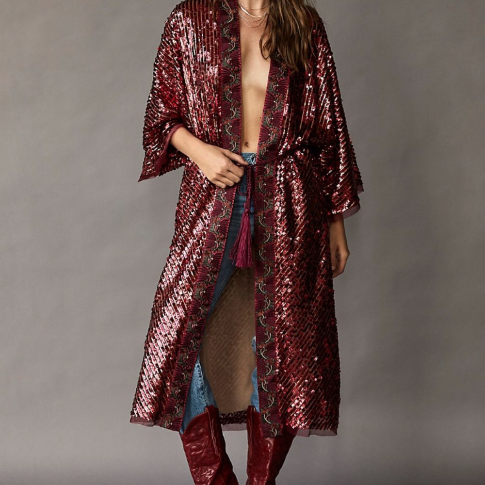Free People Sequin Kimono Robe - Burgundy